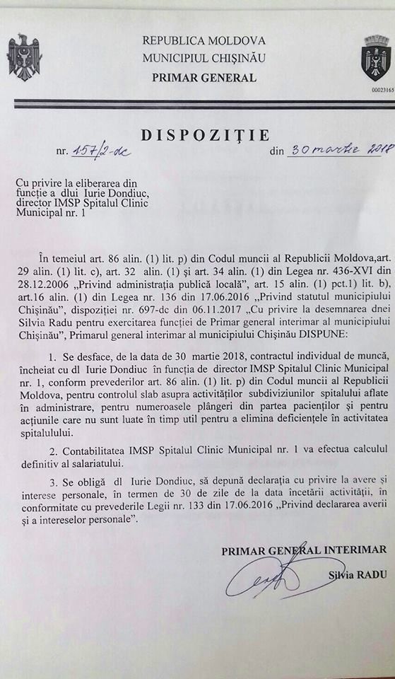 Silvia Radu l-a eliberat din funcție pe directorul Spitalului Municipal Nr.1