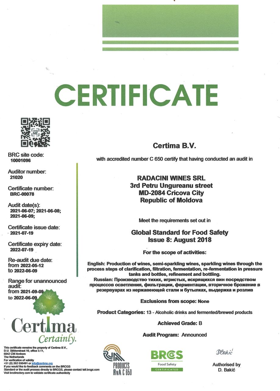 Radacini Wines стал первым в Молдове обладателем BRC Food Safety и IFS сертификатов