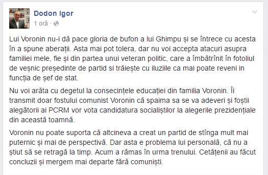 Dodon ia dedicat lui Voronin o postare pe facebook