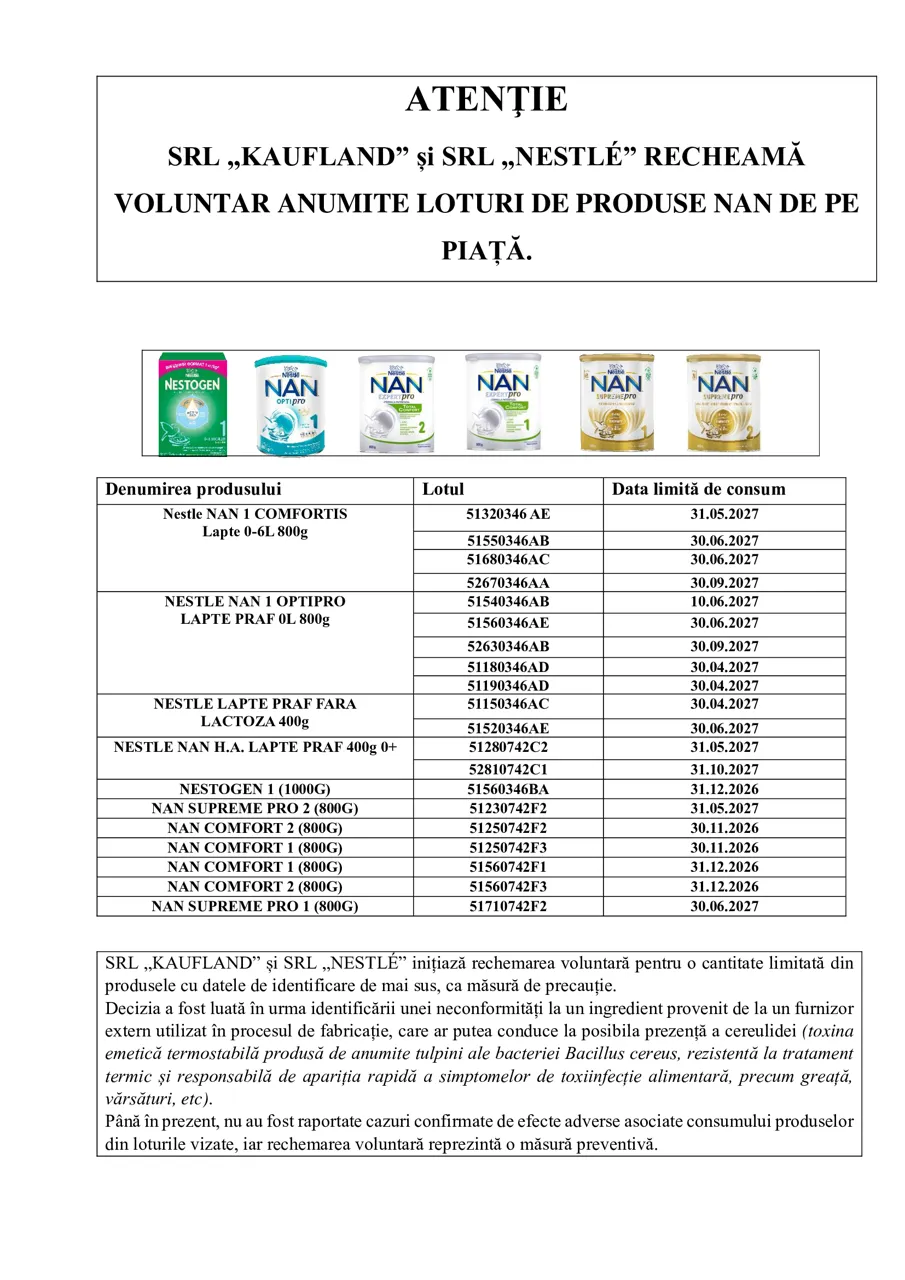 ANSA сообщает об отзыве сухих молочных смесей Nestle в Молдове