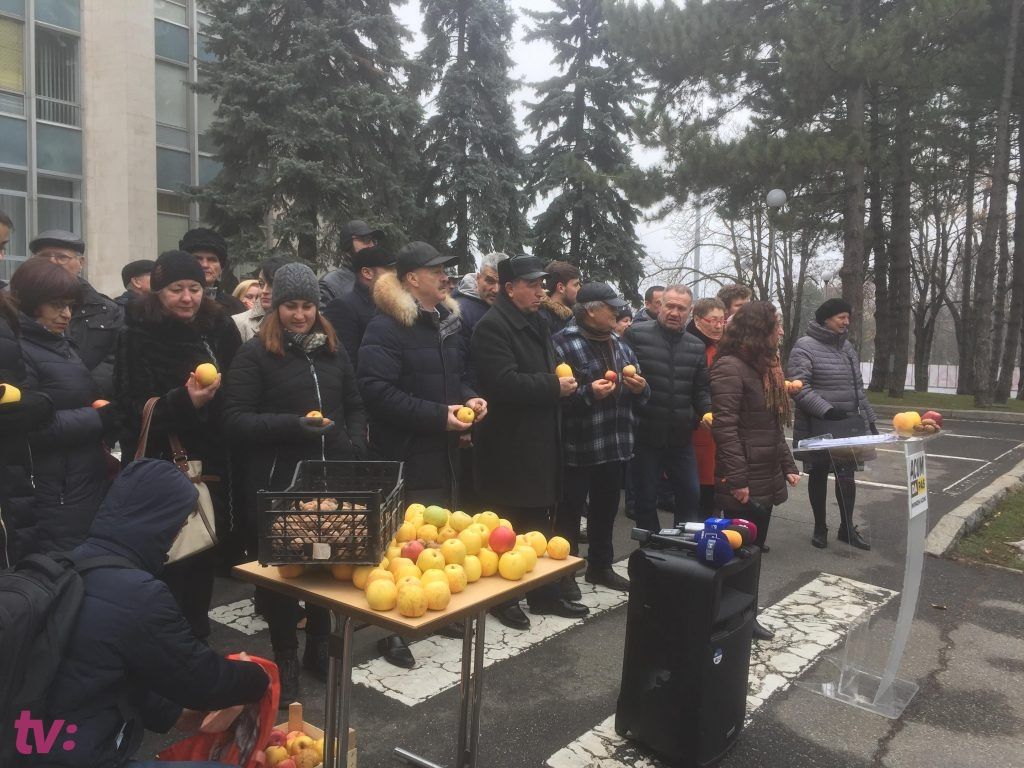 Блок ACUM протестовал у здания Правительства с яблоками и орехами