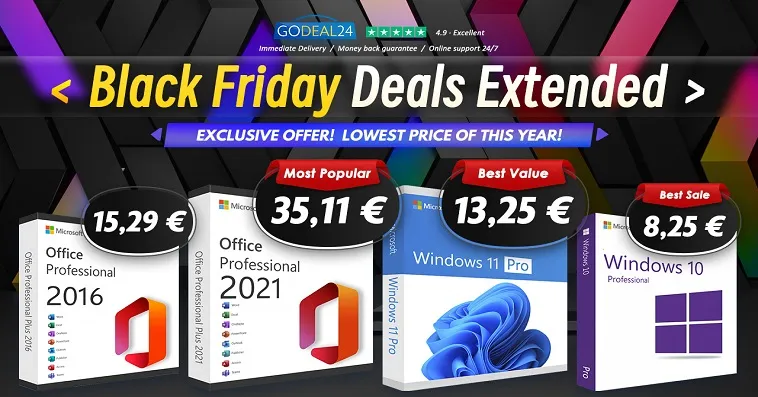 Продленная Черная пятница: Пожизненные лицензии на Microsoft Office и Windows 11 от 10€ на Godeal24