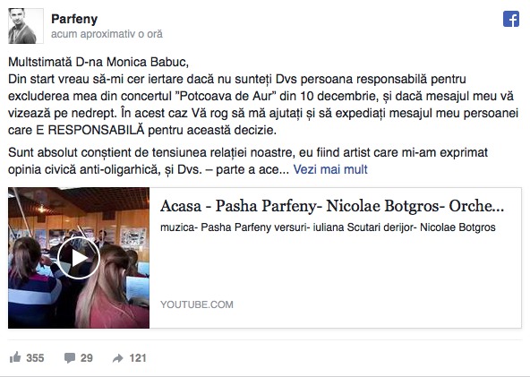Mesajul lui Pasha Parfeni pentru ministra Culturii, după excluderea de la „Potcoava de Aur”