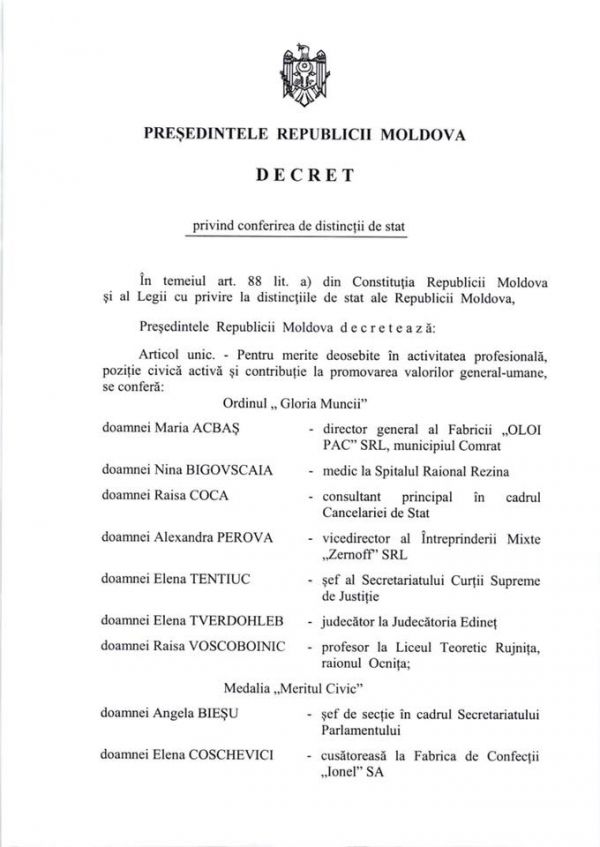 Президент в канун 8 марта присвоил награды выдающимся женщинам Молдовы