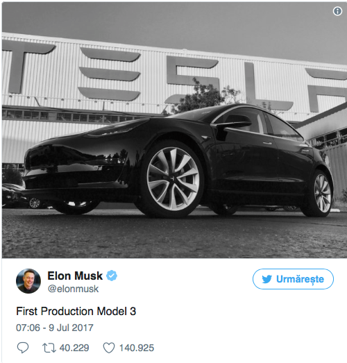 Începutul unei noi ere: Tesla a produs primul exemplar Model 3