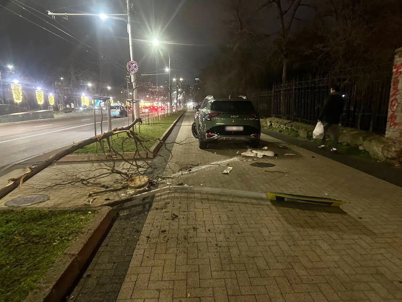 Un șofer a doborât un copac, un coș de gunoi și un semn rutier la Chișinău