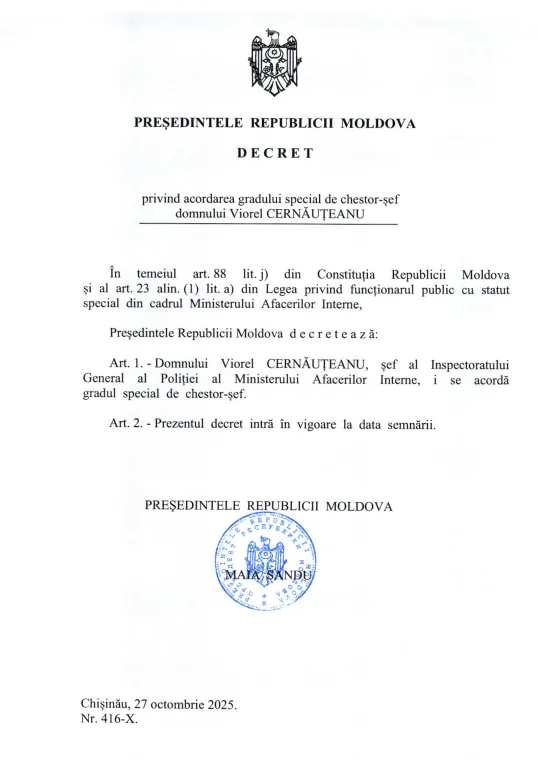 Maia Sandu i-a conferit șefului IGP gradul special de chestor-șef