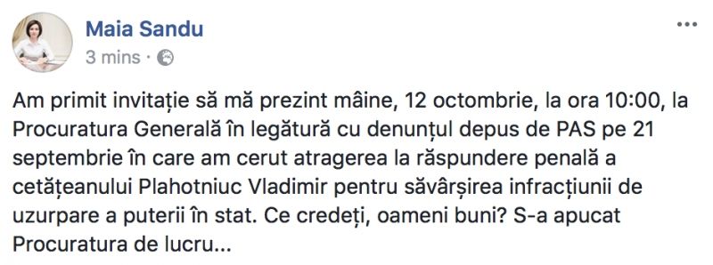 Майя Санду приглашена в прокуратуру в связи с жалобой на Влада Плахотнюка
