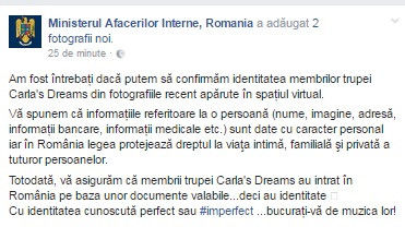 MAI de la Bucureşti, despre Carla's Dreams: Indiferent de identitate...bucurați-vă de muzica lor