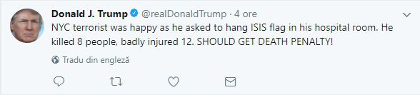 După ce autorul atentantului de la New York a declarat că e mulțumit de ce a făcut, Trump vrea să îl pedepsească cu moartea