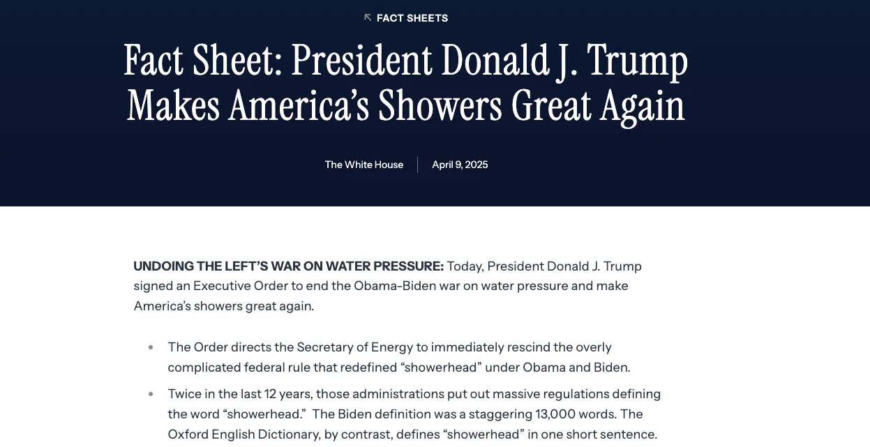 Белый дом - об изменении стандарта душевых леек: Трамп делает американский душ снова великим