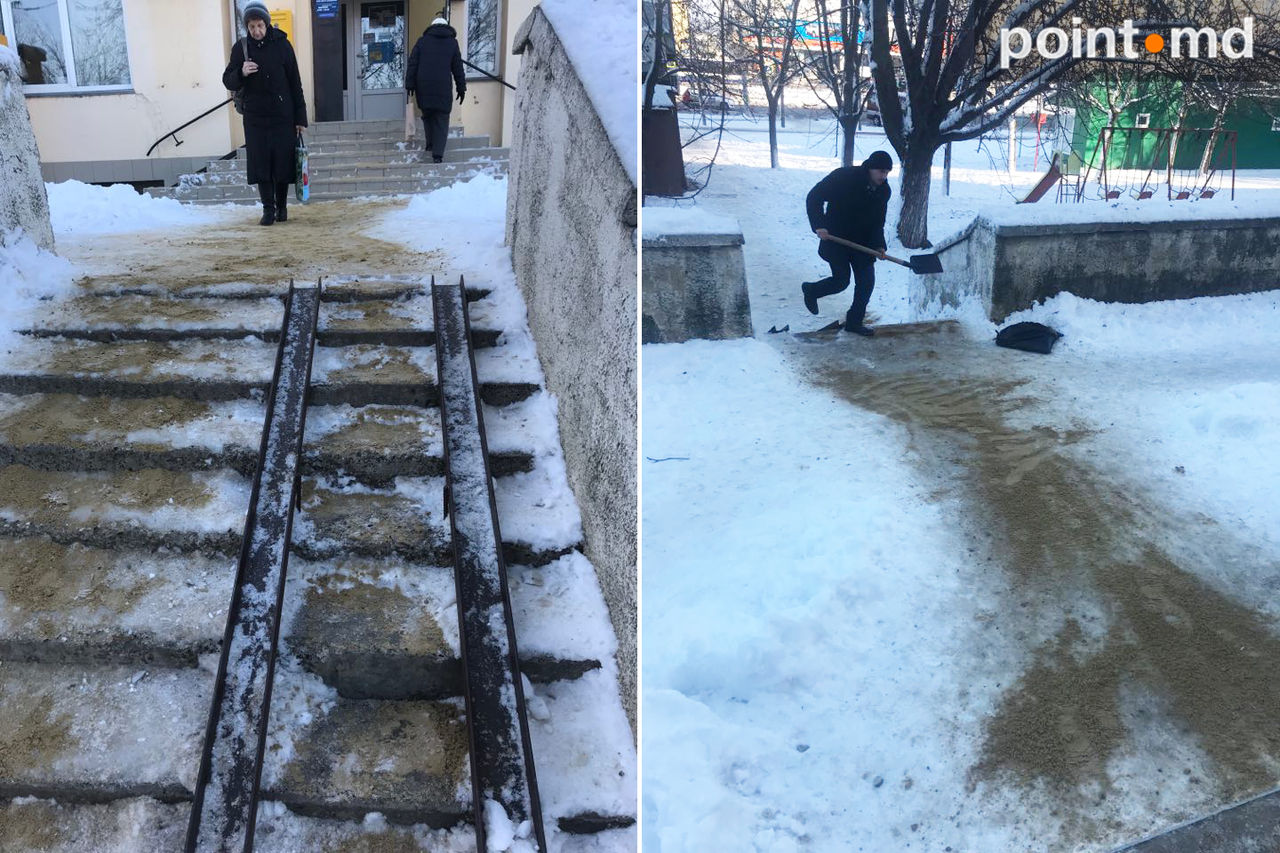 Ступеньки перед почтовым отделением на Чеканах почистили и посыпали песком