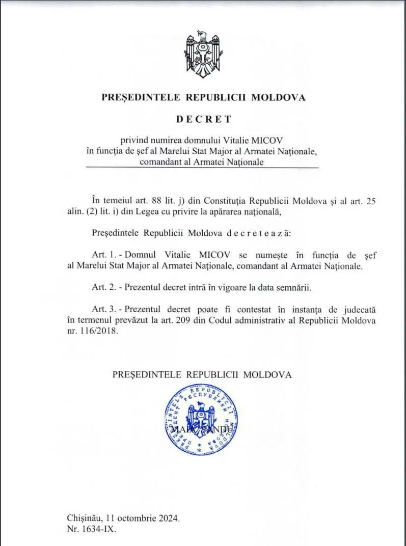 Vitalie Micov, numit în funcția de șef al Marelui Stat Major al Armatei Naționale