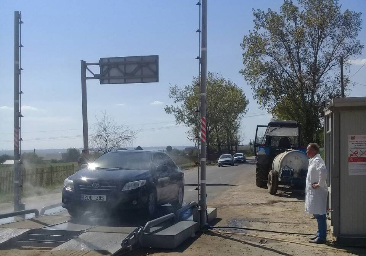 Для борьбы с чумой свиней на въезде в Джурджулешты дезинфицируют все автомобили