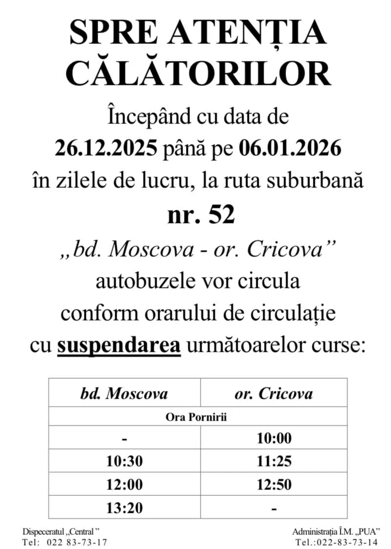Orarul mai multor rute de autobuz va fi modificat în perioada vacanței de iarnă a elevilor
