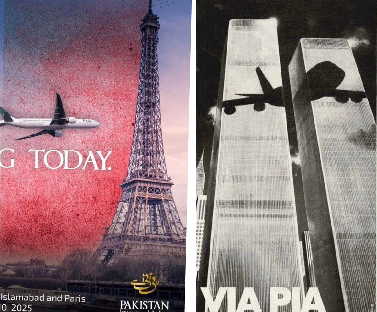 „Paris, ajungem astăzi!”: O companie aeriană pakistaneză uimește cu reclame în stilul atentatelor de la 11 septembrie