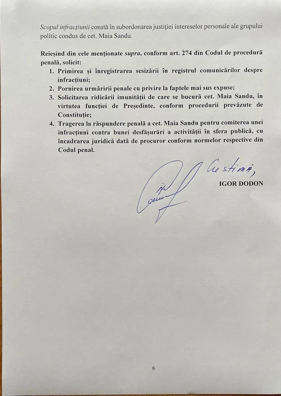 Додон просит главу Антикоррупционной прокуратуры возбудить дело против Санду