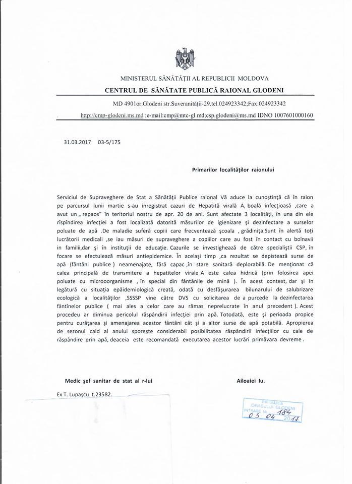 Mai multe cazuri de Hepativa Virală "A", depistate în raionul Glodeni. Localnicii sunt îndemnați să dezinfecteze fântânile