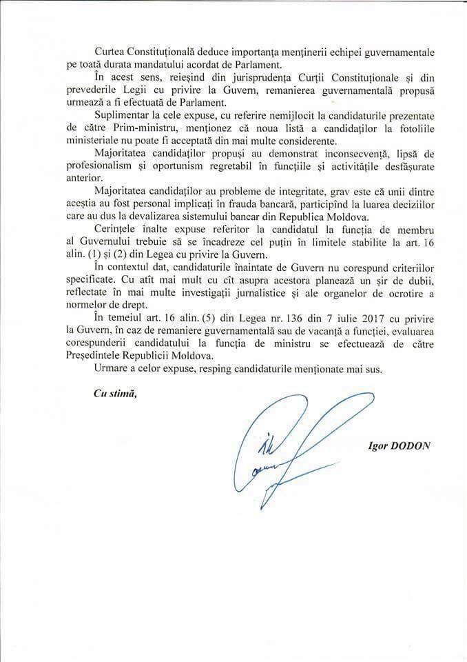 Igor Dodon a respins candidaturile la funcțiile de miniștri