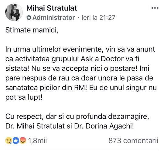 Педиатр Михай Стратулат объявил о прекращении деятельности группы Ask a doctor: Я сам не могу бороться