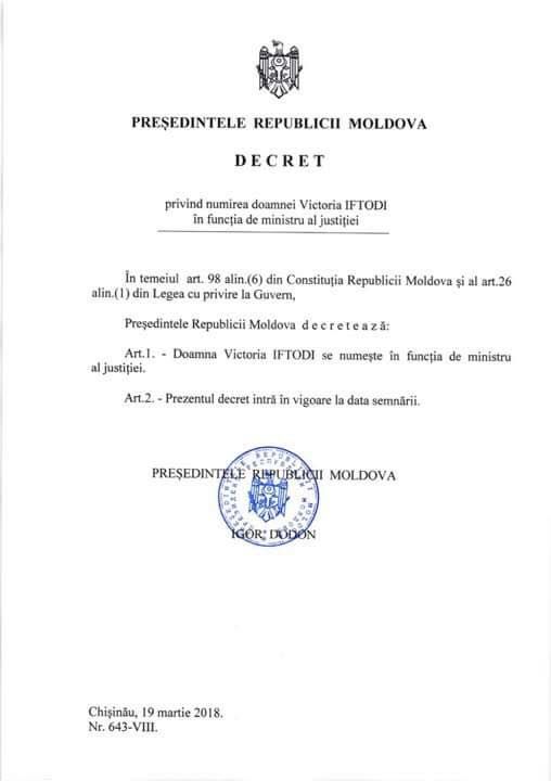 Igor Dodon a semnat decretul privind numirea Ministrului Justiție