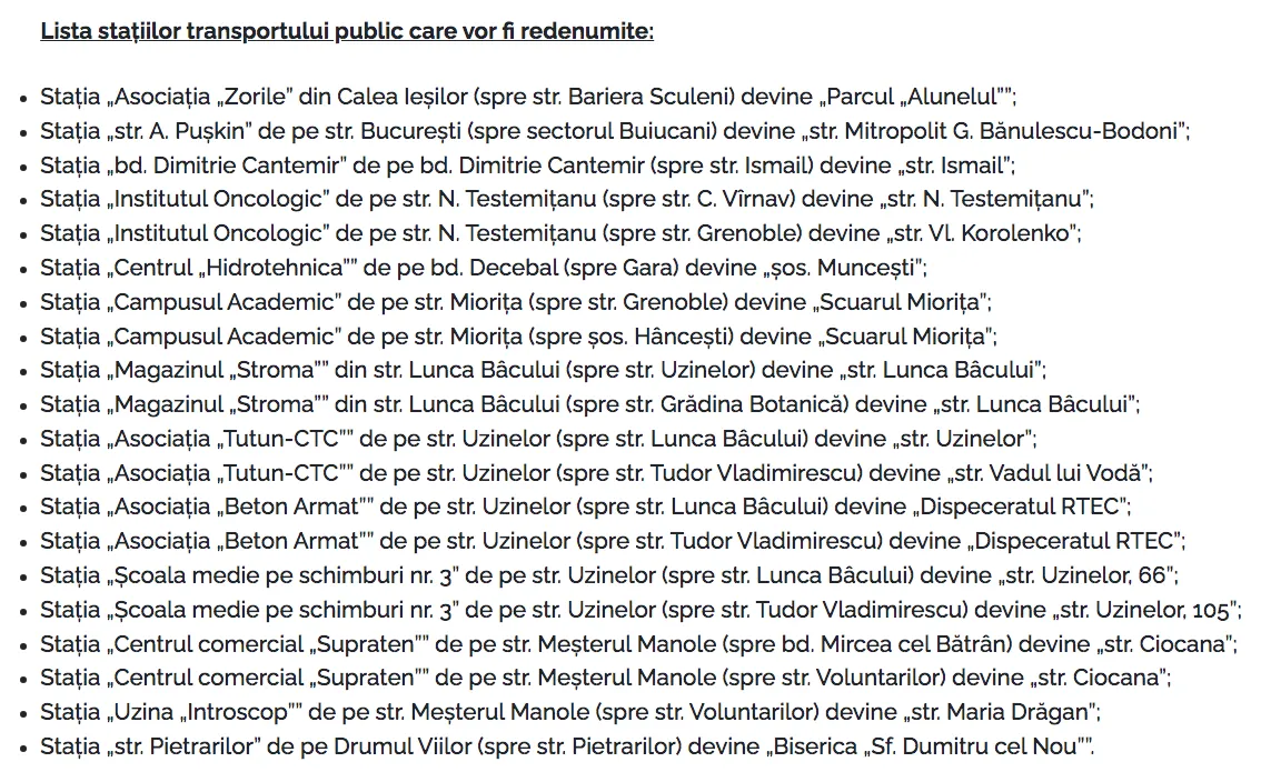Unele stații ale transportului public din Chișinău, redenumite