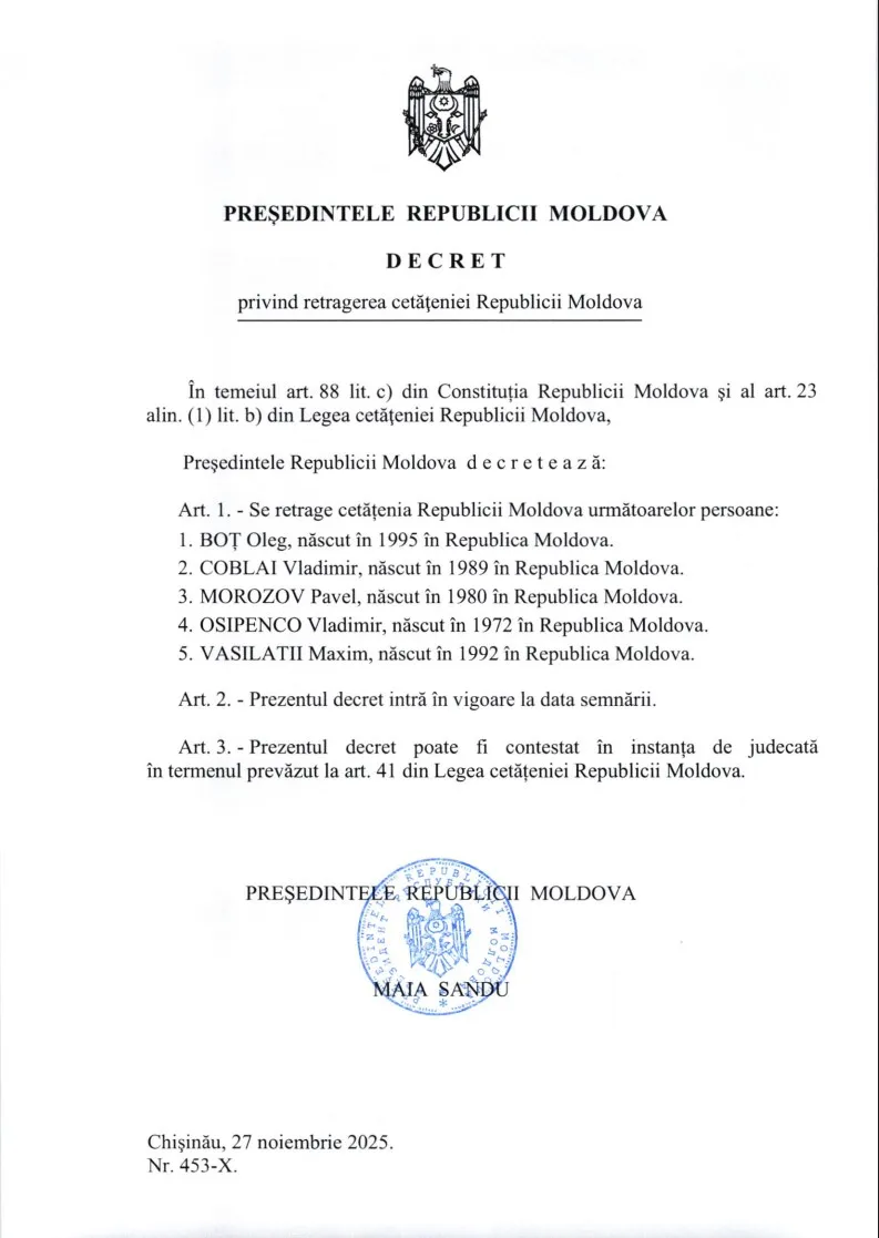 Sandu a retras cetățenia R. Moldova pentru cinci persoane înrolate în GOTR din Transnistria