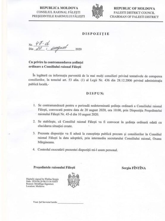 В Фалештском райсовете перенесли заседание из-за попыток подкупа советников