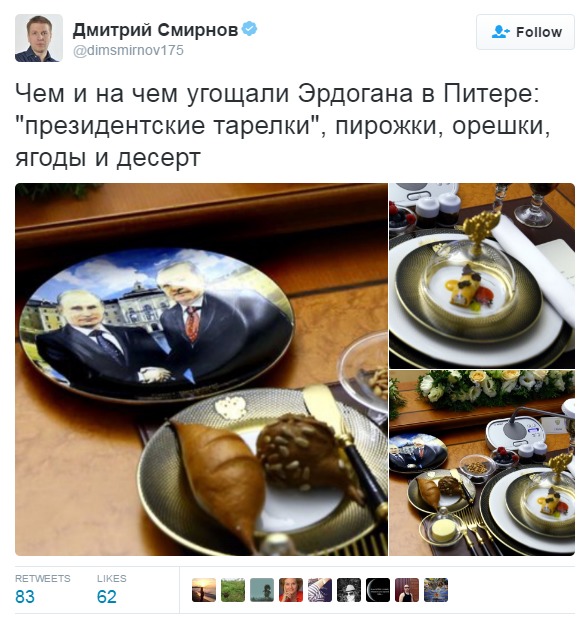 На переговорах Путина и Эрдогана подали тарелки с их портретами