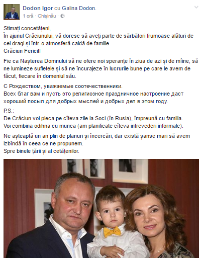 Dodon va petrece Crăciunul pe stil vechi în Rusia: ”Voi combina odihna cu munca. Spre binele țării și al cetățenilor”