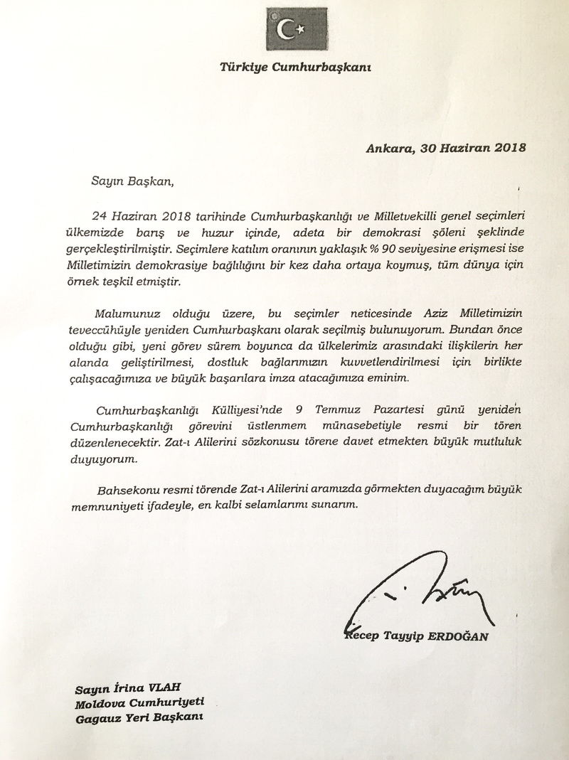 Президент Турции пригласил башкана Гагаузии на инаугурацию в Анкару
