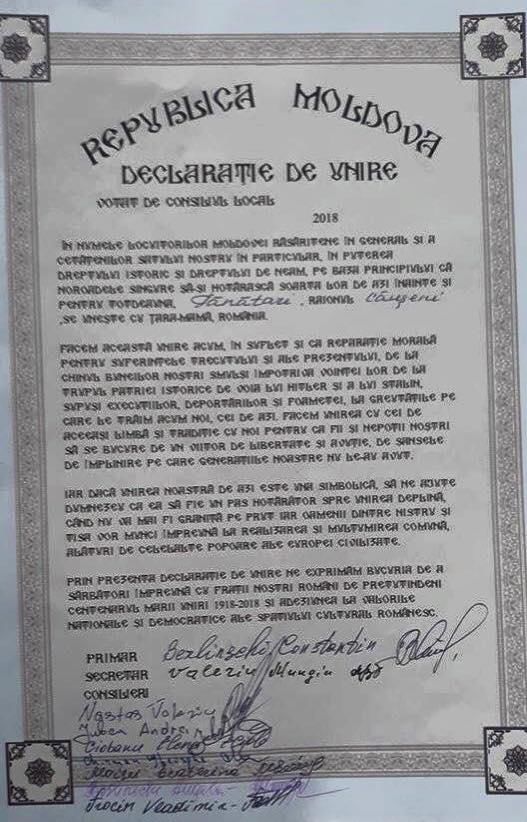Satul Tănătari, raionul Căuşeni, a semnat Declaraţia de Unire cu România