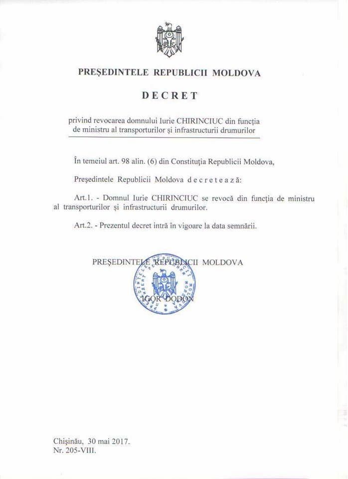 Президент Молдовы подписал указы об отставке министров либералов