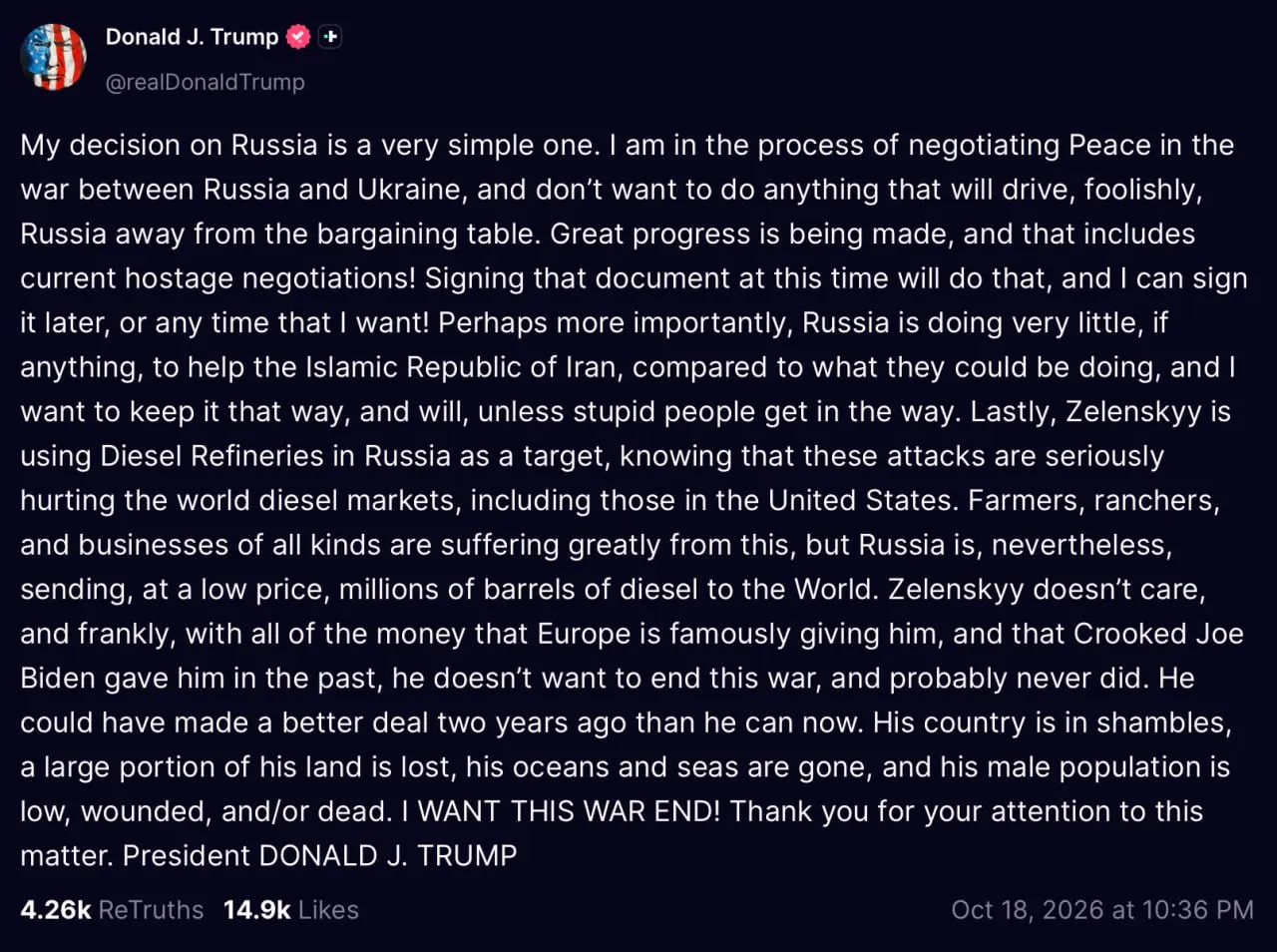 Трамп: Зеленский не хочет заканчивать войну, а Украина лежит в руинах