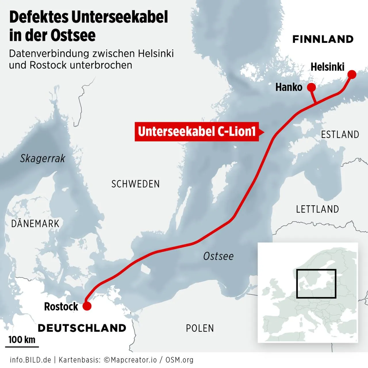 Cablul submarin de fibră optică dintre Germania și Finlanda este deteriorat