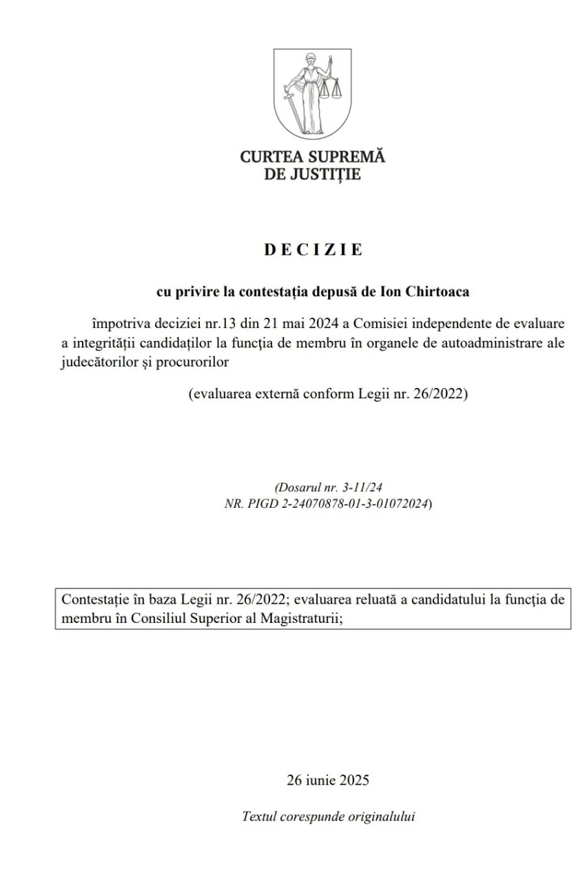 CSJ a anulat actele Comisiei pre-vetting în privința judecătorului Ion Chirtoacă