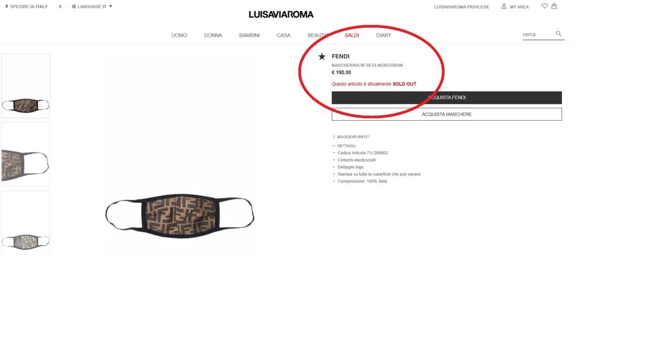 В Италии распродали все фирменные маски Fendi стоимостью около €200