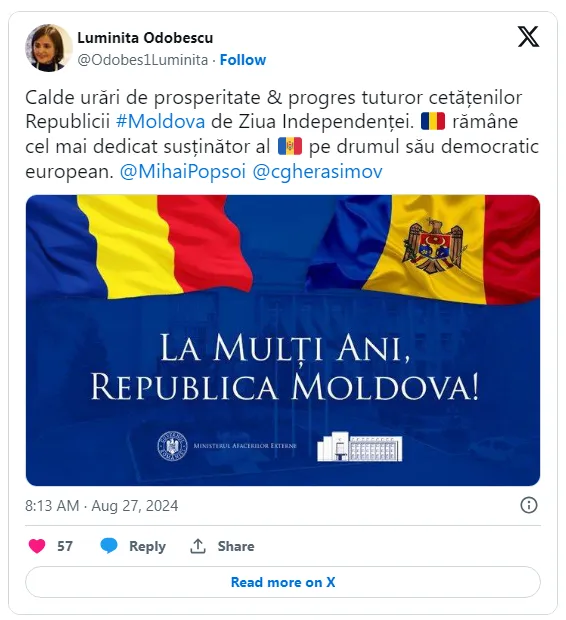 Официальные лица Румынии поздравили Молдову с Днем независимости