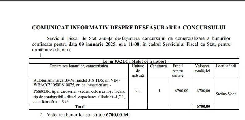 Serviciul Fiscal de Stat scoate la vânzare bunuri confiscate, inclusiv automobile