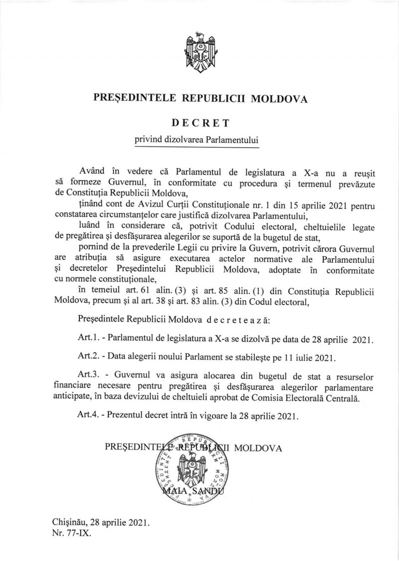 Указ о роспуске парламента опубликовали в «Официальном мониторе»