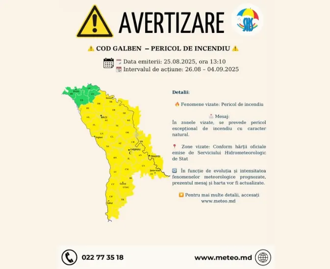 Avertizare meteorologică în Moldova: Cod Galben de pericol de incendii