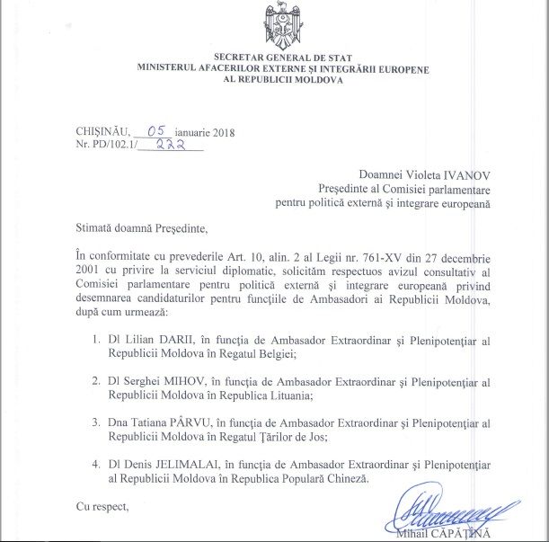 Комиссия по внешней политике рассмотрит 4 кандидатуры на должности послов РМ