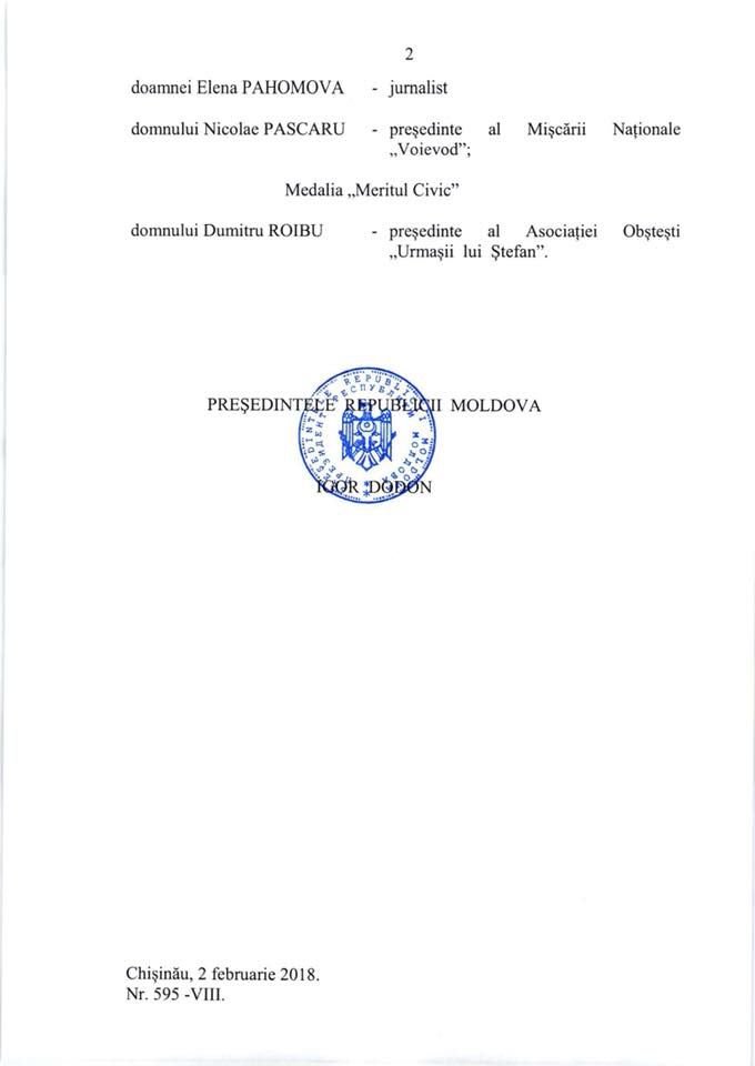 Merite în consolidarea statalității. Distincţie de la Dodon pentru Bătrâncea