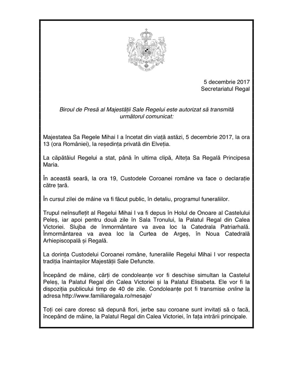 Тело румынского короля Михая доставят в замок Пелеш