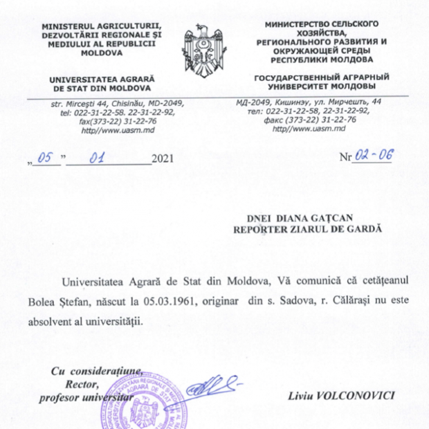 ZdG: У главы Каларашского района фальшивое CV, и он не оканчивал аграрный университет