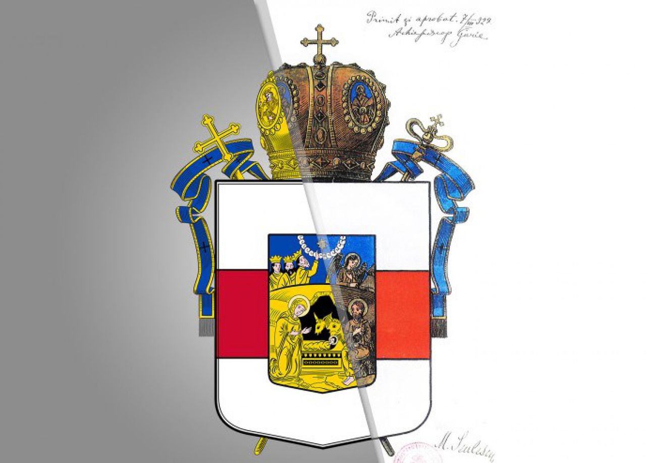 Detalii despre însemnele Mitropoliei: Scutul, timbrat cu o mitră aurită