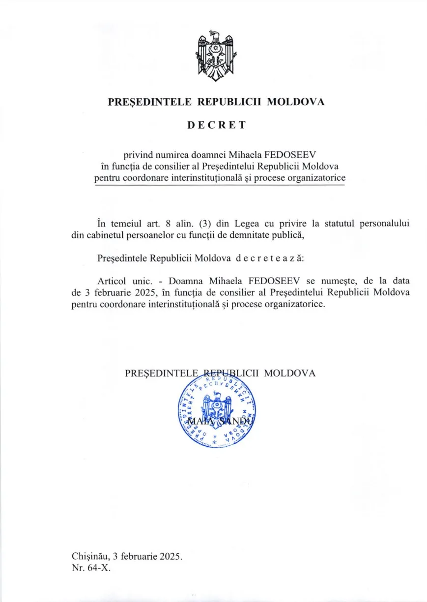 Maia Sandu a semnat decretul de numire a Mihaelei Fedoseev în funcția de noul său consilier