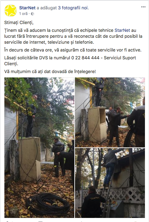 StarNet anunță când va fi restabilită conexiunea la Internet, TV și telefonie