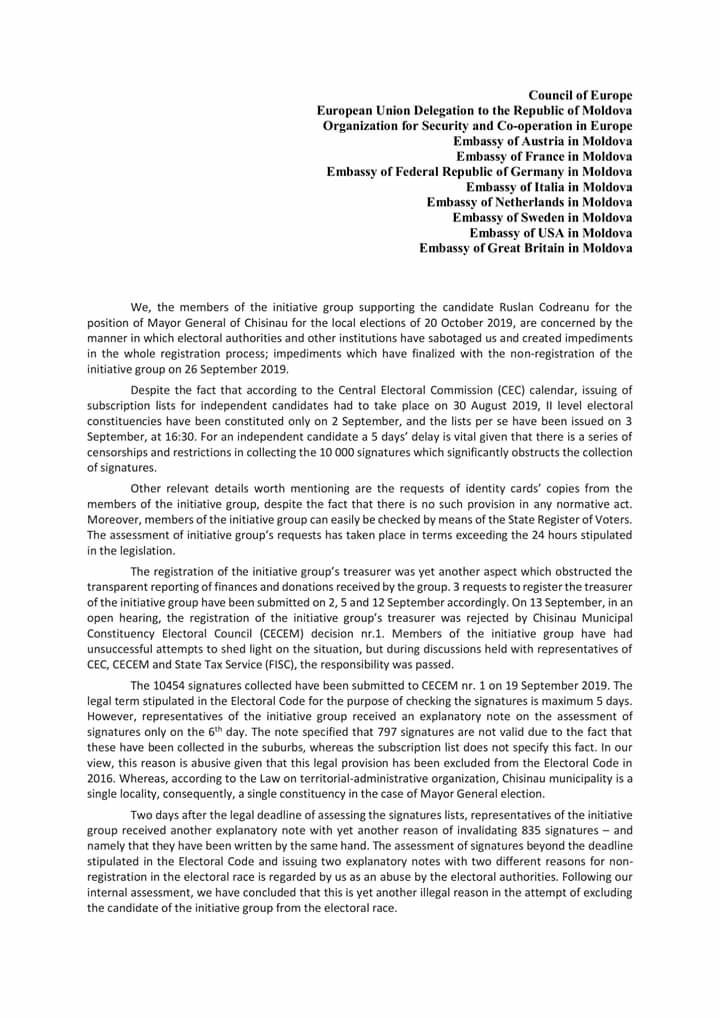 Кодряну уведомил иностранные посольства об отказе зарегистрировать его на выборах