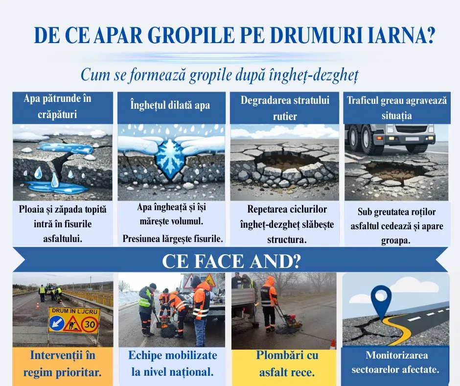Înghețul, apa și camioanele: Administrația Națională a Drumurilor explică apariția gropilor